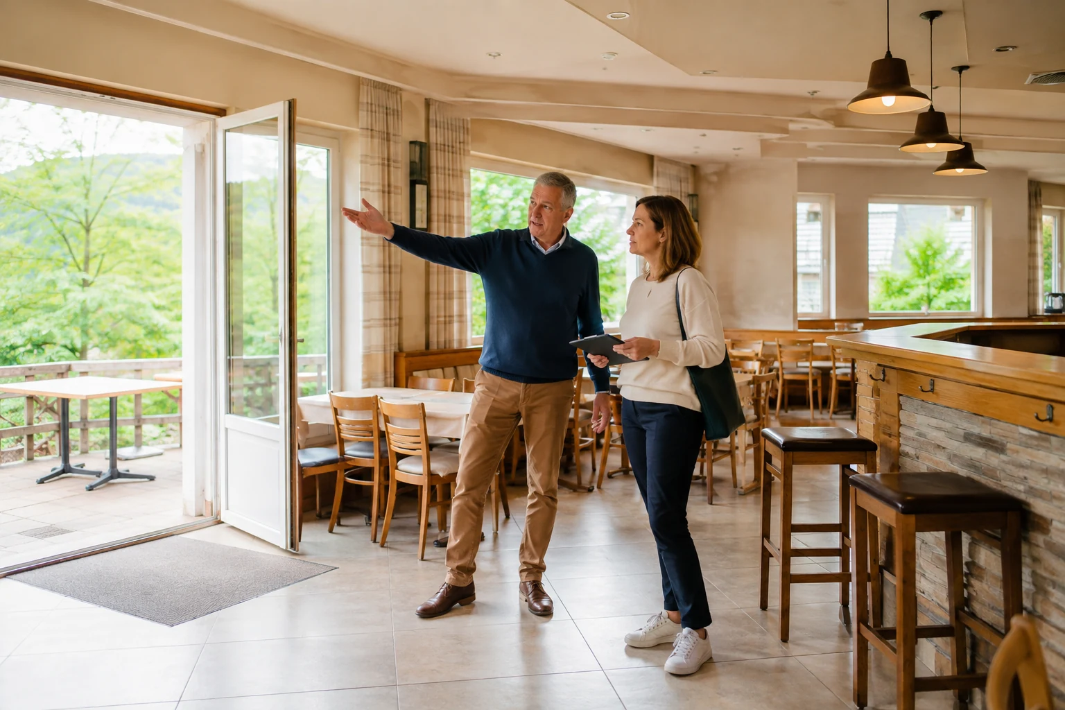 Eigentümer zeigt einer Immobilienberaterin Gastraum und Terrasse seines Lokals
