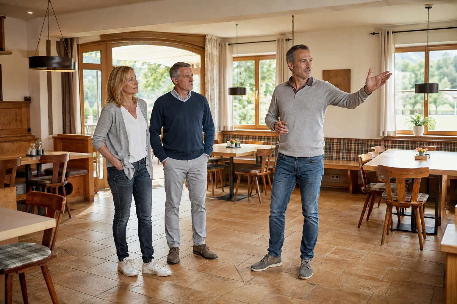 Paar besichtigt mit einem Immobilienberater den Gastraum eines österreichischen Gasthauses